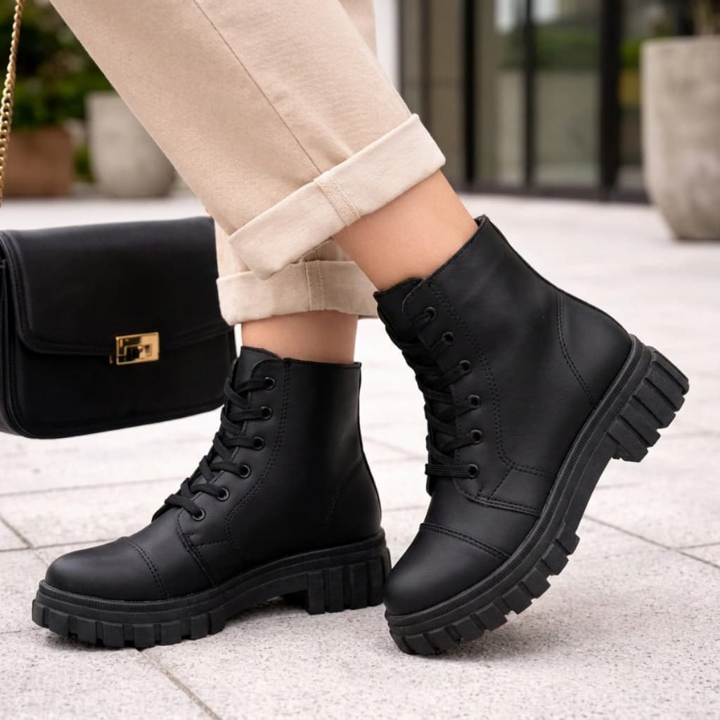 Bota Coturno Preto Fosco Feminina Blogueira Tratorado Plataforma Confort
