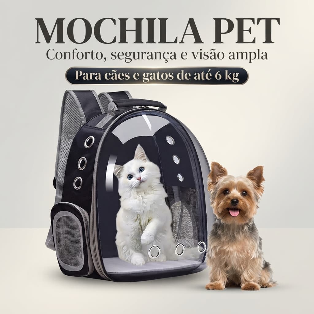 Mochila Pet Transporte para Cães e Gatos Pequenos até 6kg Visão Panorâmica Ventilada Preta