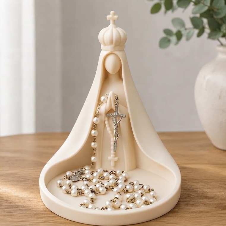 Porta Terço Nossa Senhora Decorativo 15cm Com Bandeja | Suporte Católico para Mesa e Altar