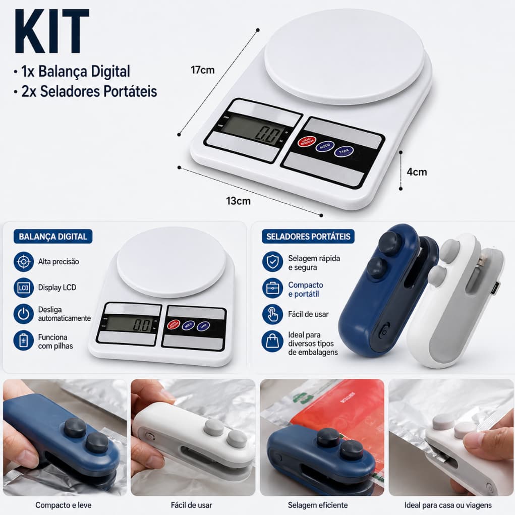 Kit - Balança Digital de Cozinha + Mini Seladora Para Sacos Plásticos Azul ou Branca
