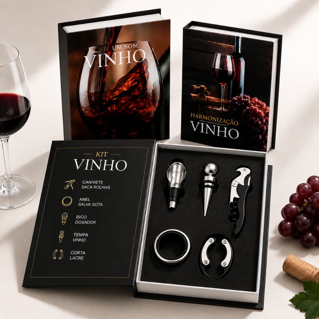 Kit Vinho Profissional Conjunto Abridor Saca Rolha Luxo Livro 5 Peças