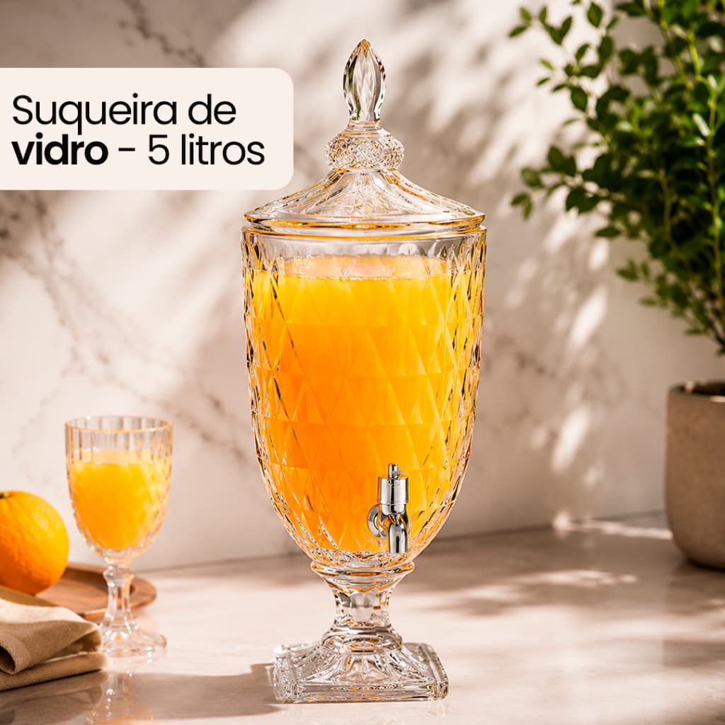 Suqueira de Vidro 5 Litros Cristal Diamante Com Suporte Torneira Tampa Para Água Saborizada