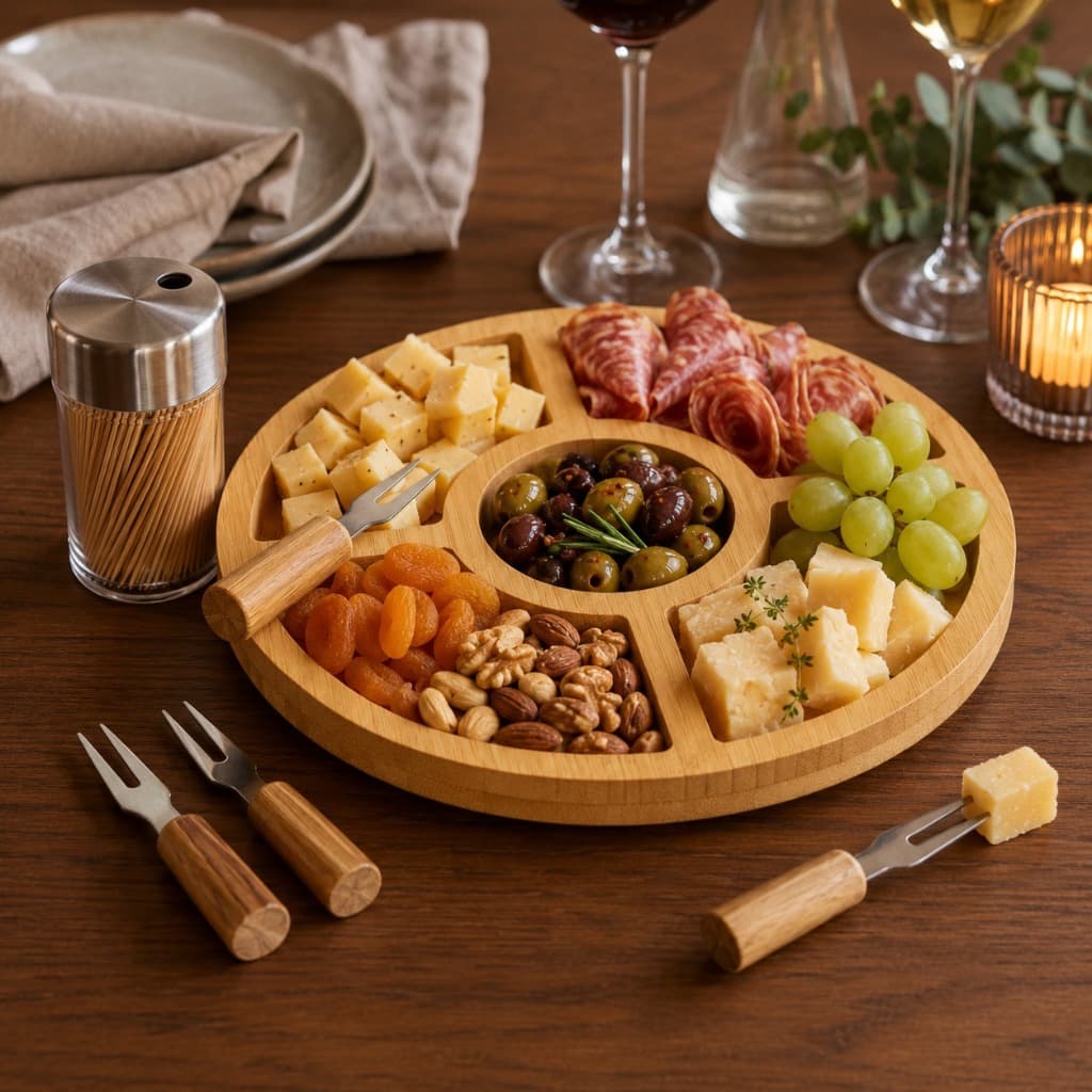 kit petisqueira 1 tabua de frios 4 garfinhos 1 caixa com 250 palitos de bambu para recepção de familia e amigos
