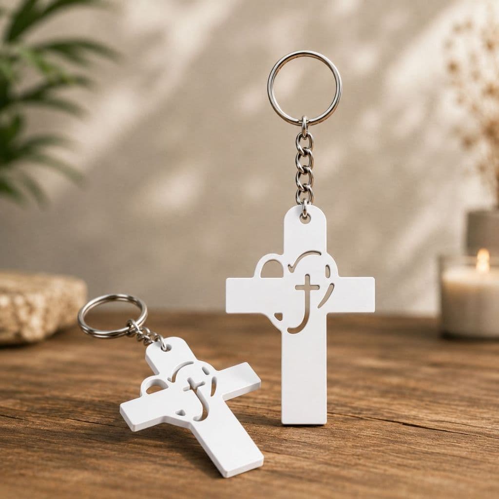 2 Chaveiro Cruz com Coração Branco Proteção Presente Religioso Envio Imediato