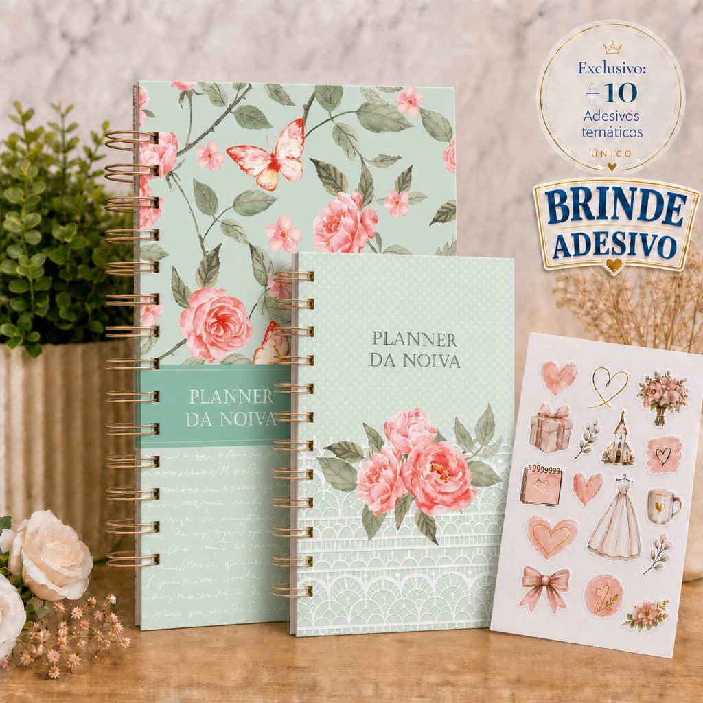 Planner da Noiva Verde agua Floral Agenda Casamento 298 Páginas Personalizado Checklist Organização A5 com 10 adesivos