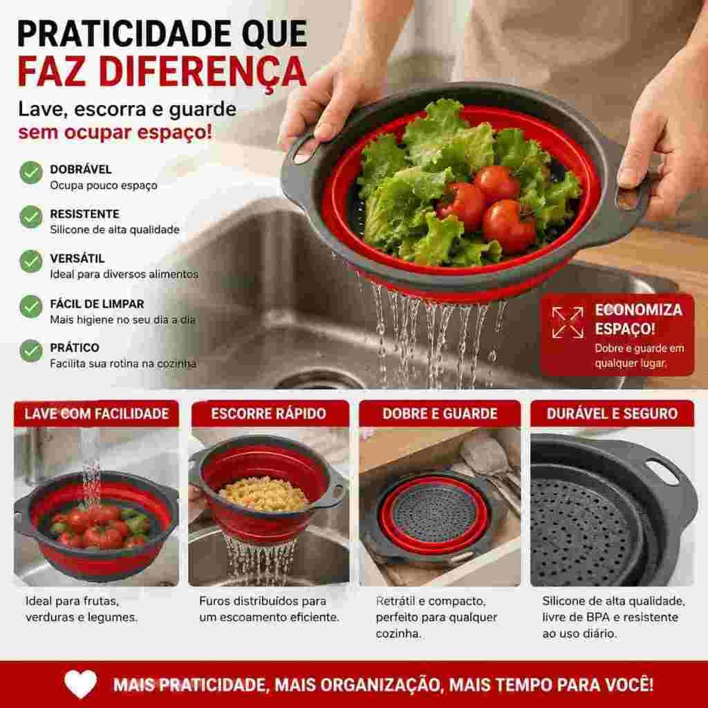 Escorredor de Silicone Retrátil Dobrável Multiuso – Compacto, Resistente e Prático para Cozinha