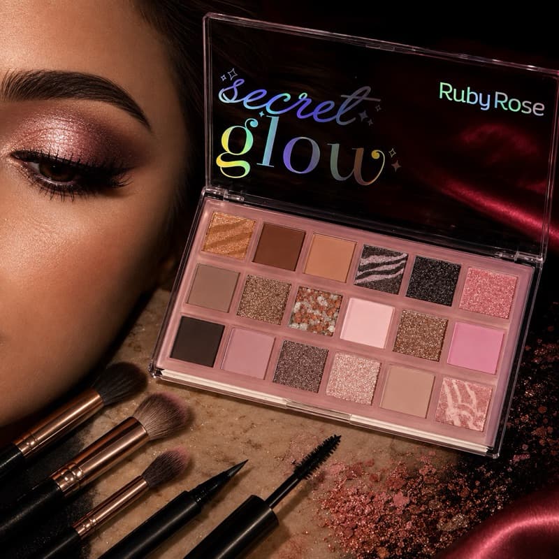 Paleta De Sombras Secret Glow Ruby Rose Original 18 Cores Matte Glitter Glow