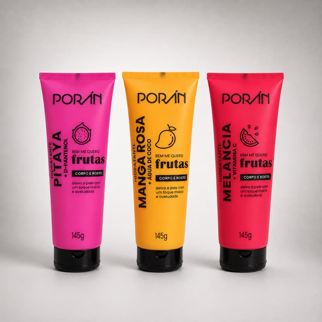 🧴Hidratante Corporal e Facial Porán Frutas 145g | Pitaya, Manga Rosa + Água de Coco e Melancia + Vitamina C | Pele Macia