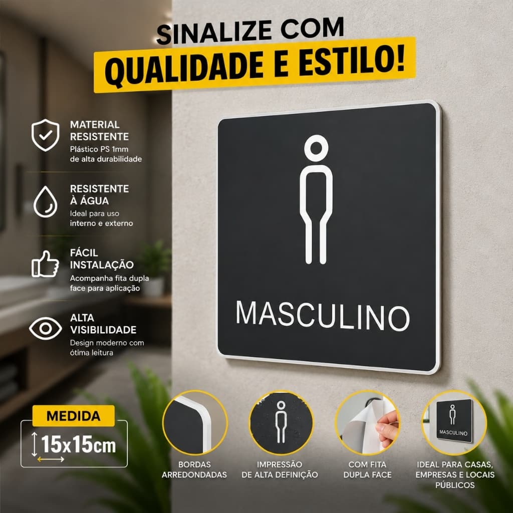Placa Banheiro Masculino 15x15 cm PS 1mm com Fita Dupla Face – Sinalização Resistente à Água