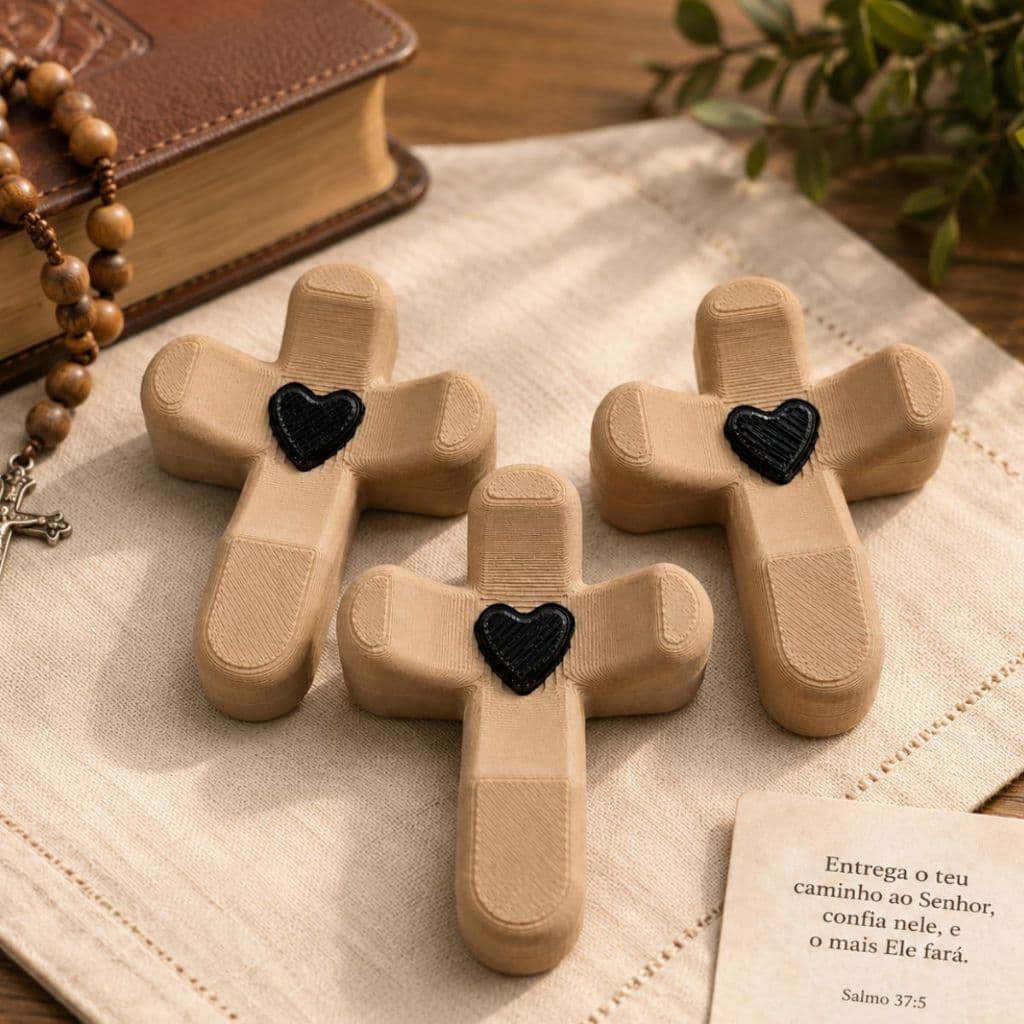 Kit 3 Cruz De Bolso Com Coração Para Oração Fé E Presente