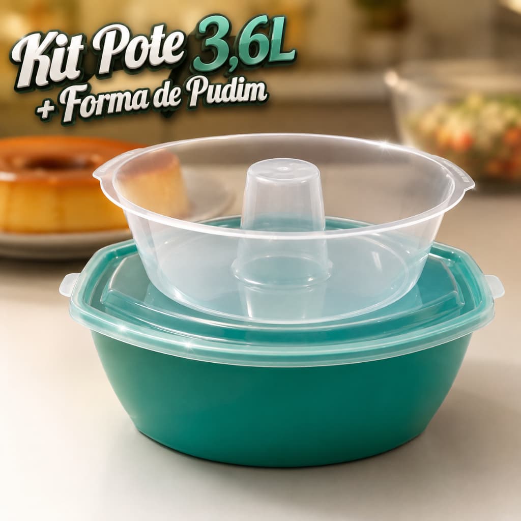 Kit Pote 3,6L com Tampa + Forma de Pudim Plástica para Cozinha
