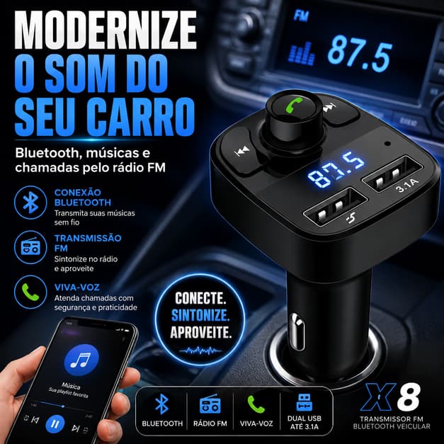 Transmissor FM Bluetooth Veicular X8 Carregador USB 3.1A MP3 Viva Voz para Carro 12V 24V