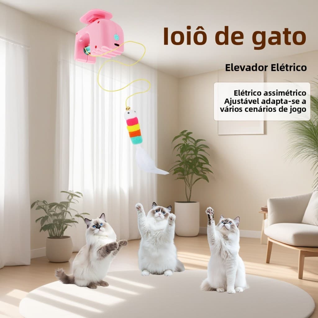 Brinquedo Para Gatos Eletrico Interativo Bolinha Suspensa Automatica Varinha Pena Movimento Para Cima E Para Baixo Pet