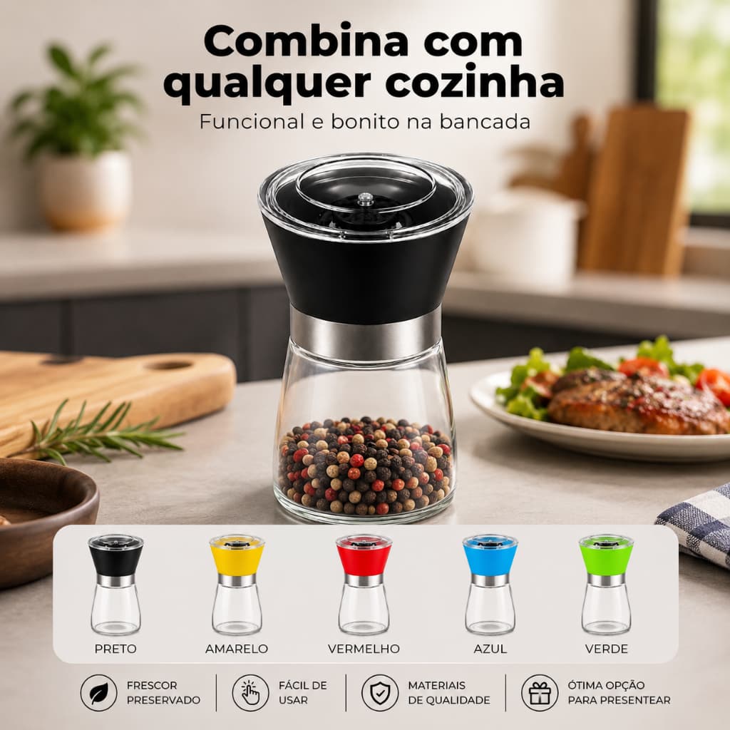 Moedor de Pimenta Manual para Sal Temperos e Especiarias com Frasco de Vidro Cozinha Gourmet