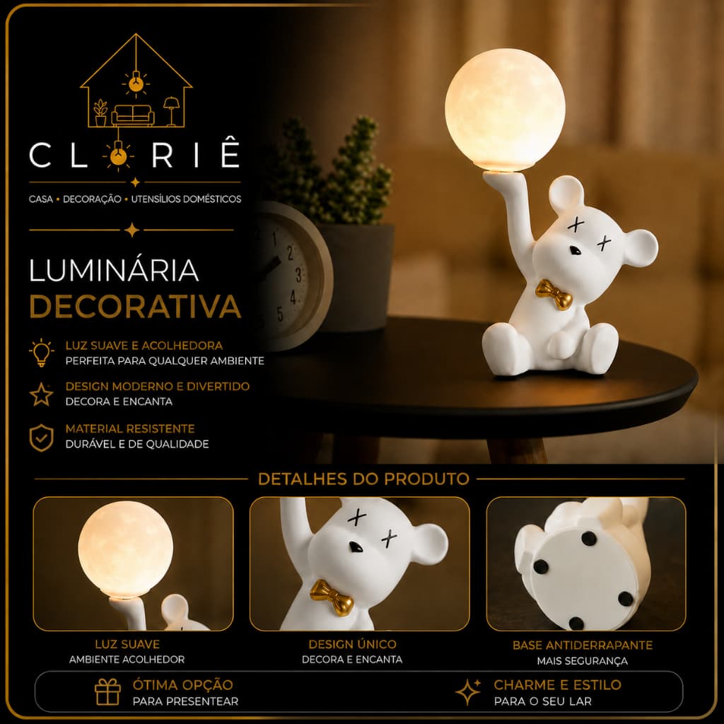 Luminária Abajur Urso Noturno Decorativo para Ambientes Aconchegantes LED 3 em 1