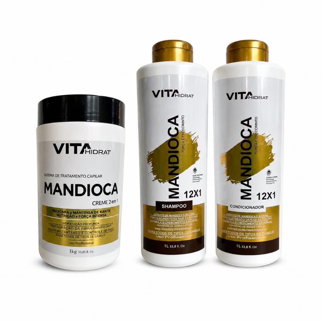 Vita Hidrat Kit Tratamento Capilar Mandioca 12x1 Shampoo 1L Condicionador 1L Creme 2 Em 1 1Kg Hidratação E Força