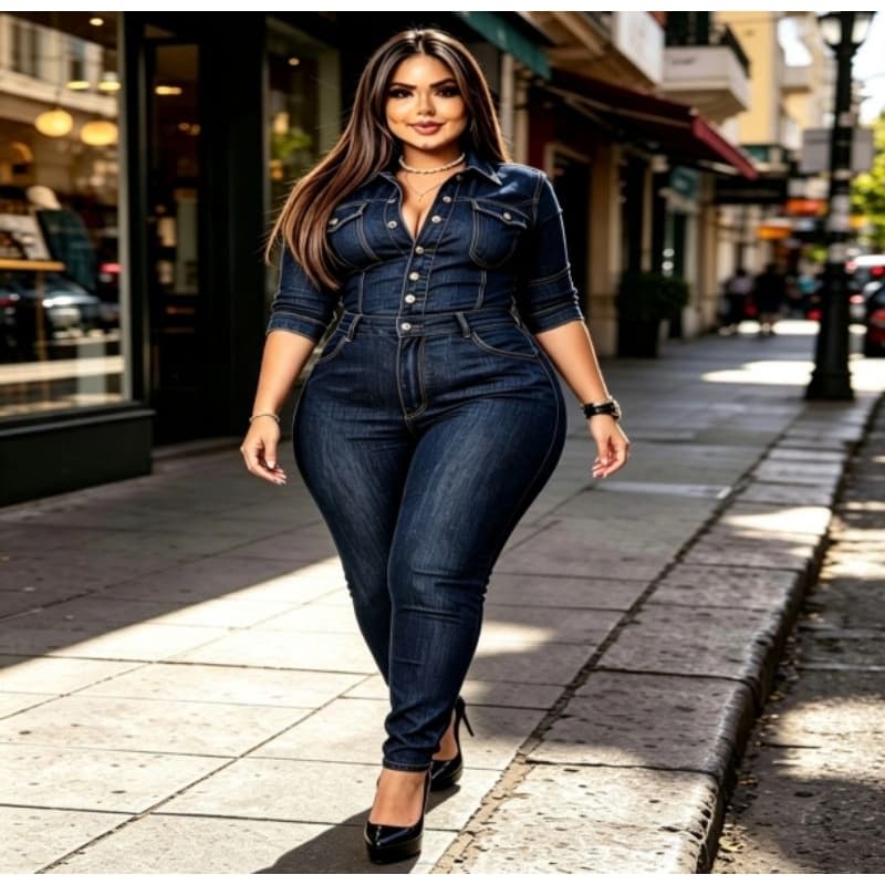 Macacão Plus Size Manga 3/4 Jeans Feminino Tradicional Laycra