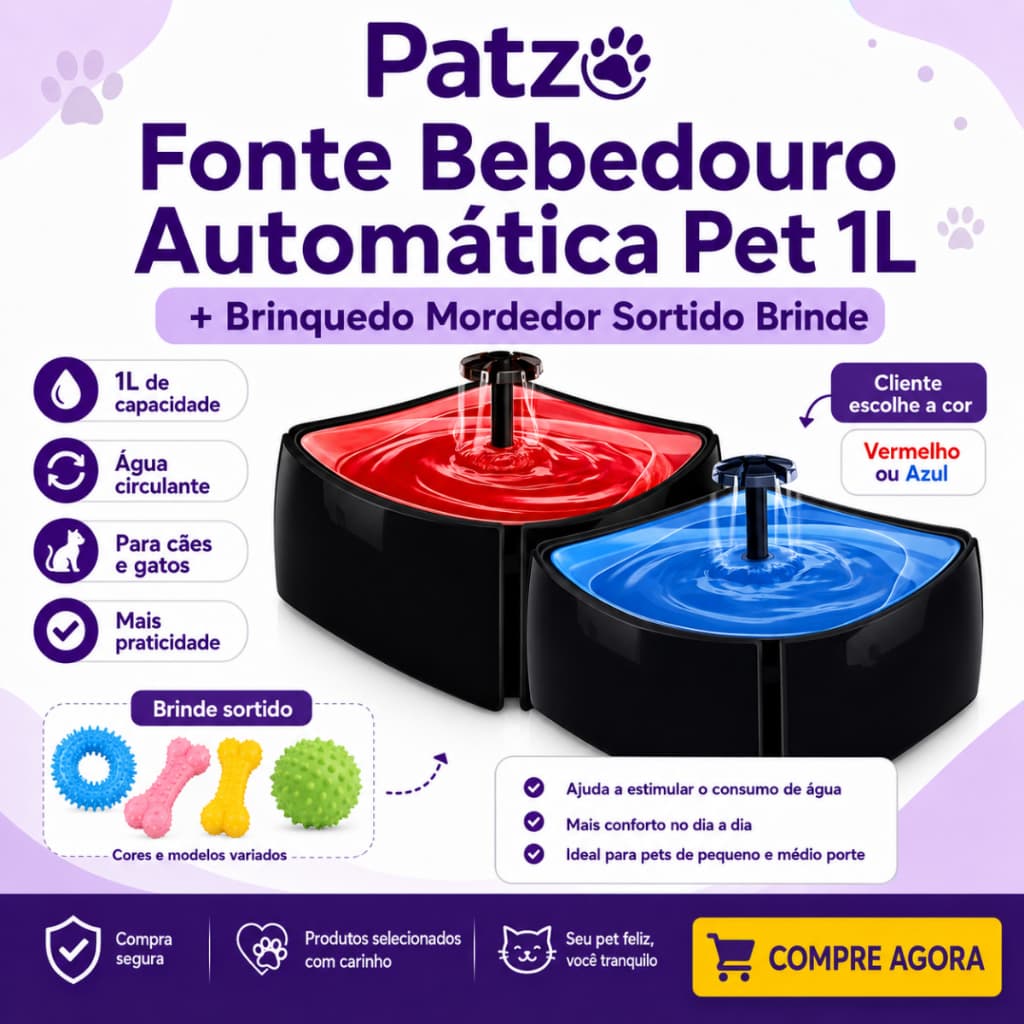 Fonte Bebedouro Automática Pet 1L para Cães e Gatos + Brinquedo Mordedor de Brinde