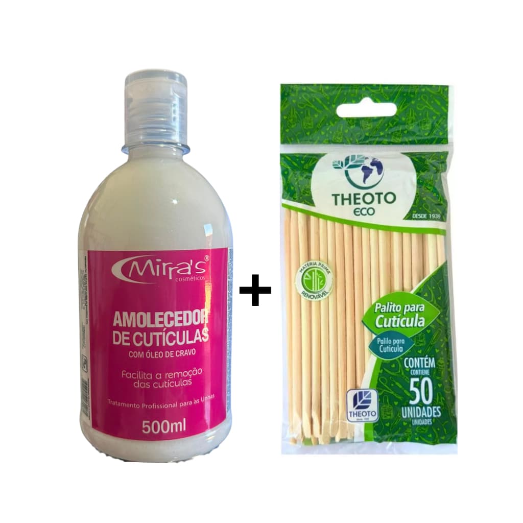 kit manicure amolecedor de cuticulas Mirras 500ml com oleo de cravo + 50un palitos Theoto laranjeira ponta dupla