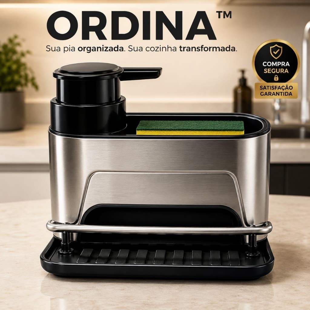 Organizador de Pia com Dispenser Detergente Porta Esponja e Pano Aço Inox Ordina™