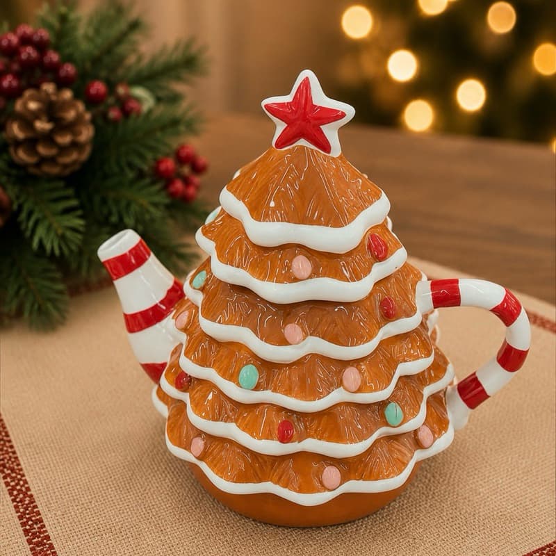 Bule de Porcelana Com Tampa 1 Litro Biscoito De Natal Gingerbread Bule Natalino