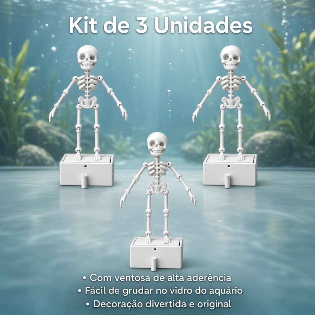 KIT 3 Enfeite para Aquário Esqueleto Dançante Branco com Oxigenador | Decorativo Articulado para Bomba de Ar