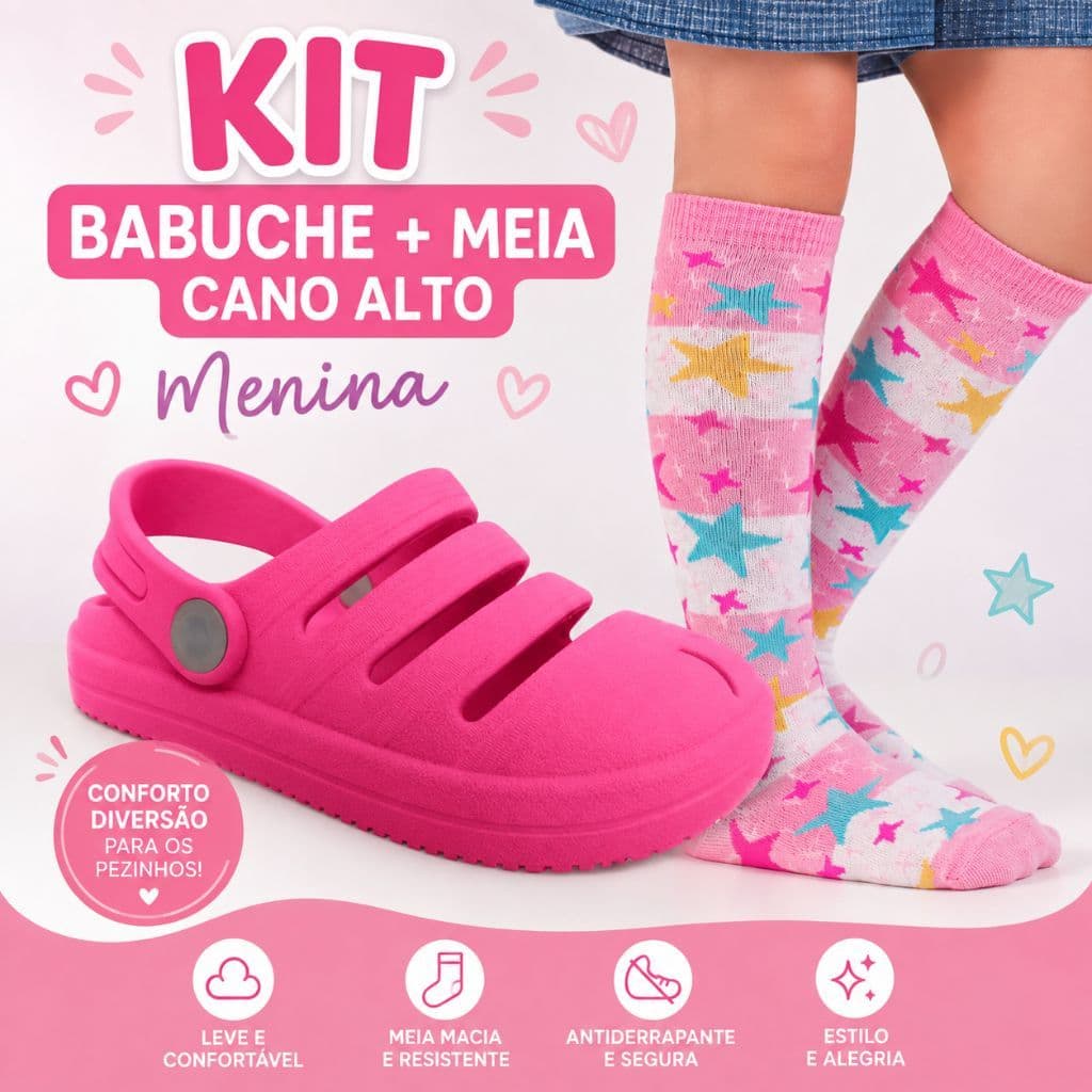 Kit Babuche Infantil + Meia Cano Alto Longo Colorida 3/4 Menina Calçado Infantil Confortável Divertida Escolar Dia
