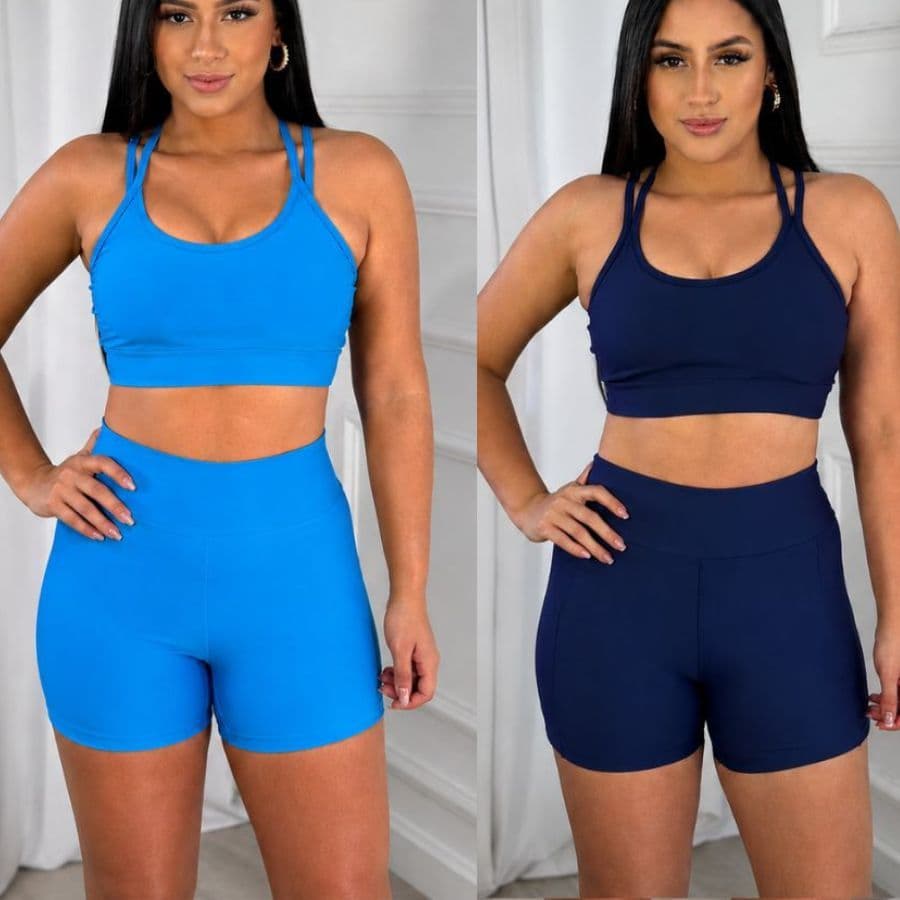 Kit 2 Conjunto Fitness - Top e Short Feminino Bojo Removível Tecido Suplex Zero Transparencia Liso Básico Cintura Alta