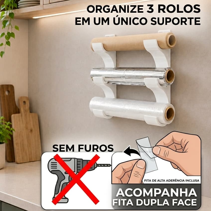 Suporte Organizador De Cozinha Para Rolos Instalação Sem Furos Fita Dupla Face Forte Fácil Instalação