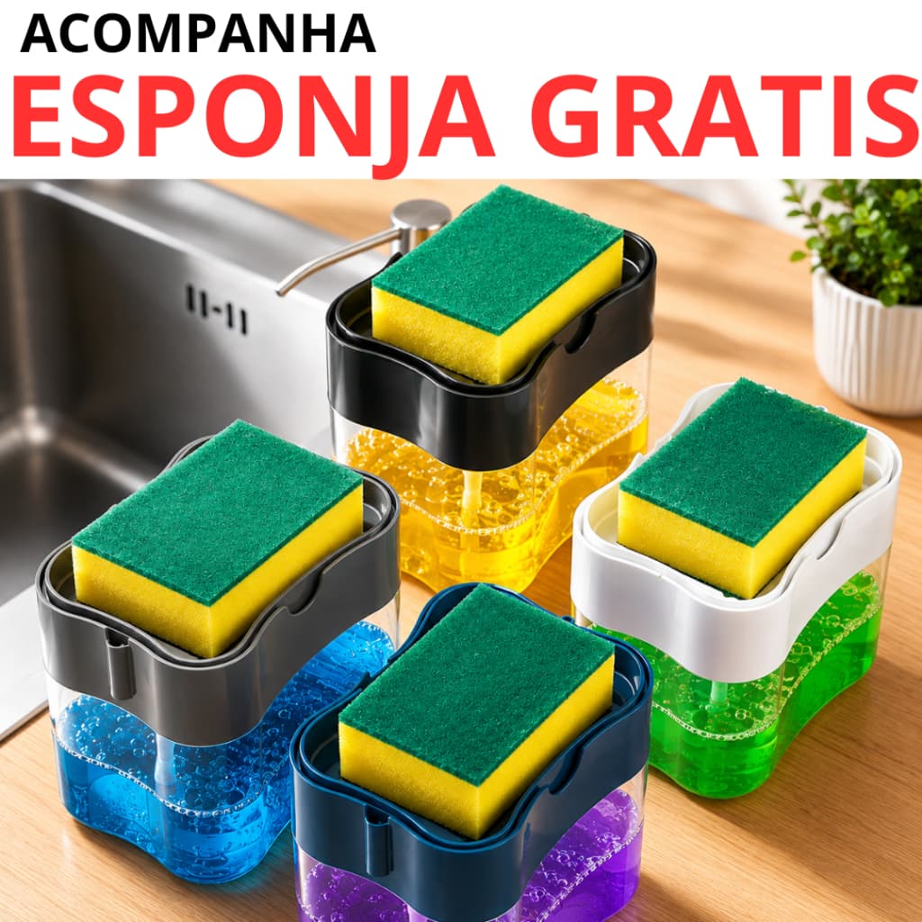 Dispenser de Detergente 2 em 1 Com Suporte para Esponja Porta Detergente Cozinha  600 ml Com Esponja De BRINDE