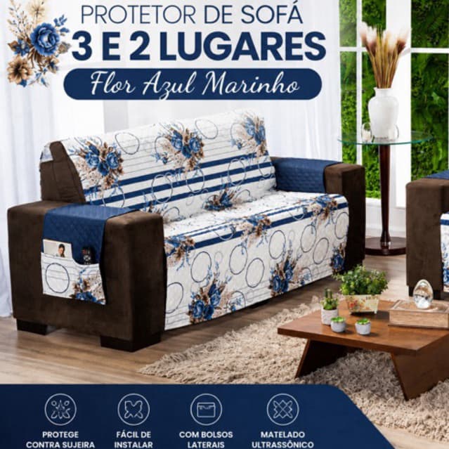 Capa Protetor De Sofá 2 e 3 Lugares Matelado Com Bolso Floral Lavável Resistente Macio Hifer⁠