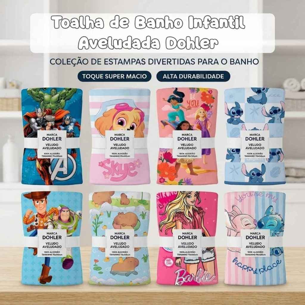 Toalha de Banho Infantil Aveludada Dohler 70cm x 1,30m - Varias estampas Personagens Disney e Marvel