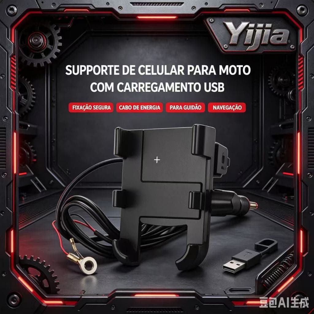 Suporte de Celular para Moto em Alumínio: USB Carregador, Trava Antirroubo, Giro 360° e Instalação no Retrovisor!