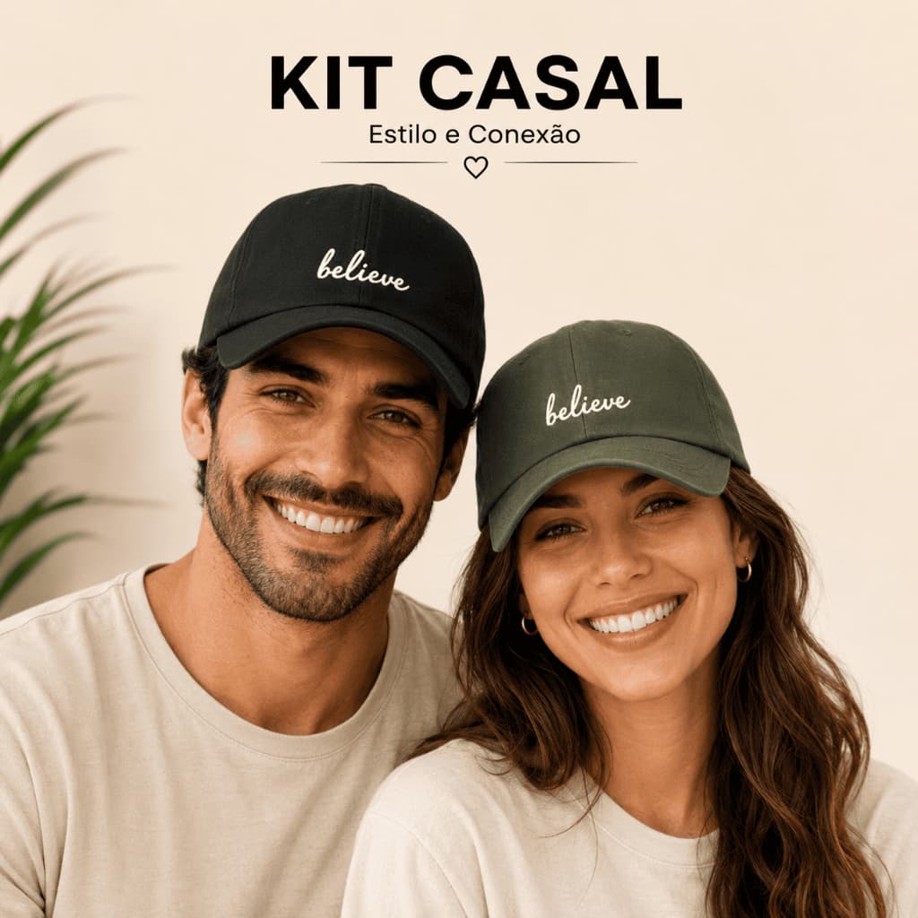 Kit Casal 2 Bonés Believe Acreditar Casual Retrô Bordado Praia Masculino e Feminino com Regulagem