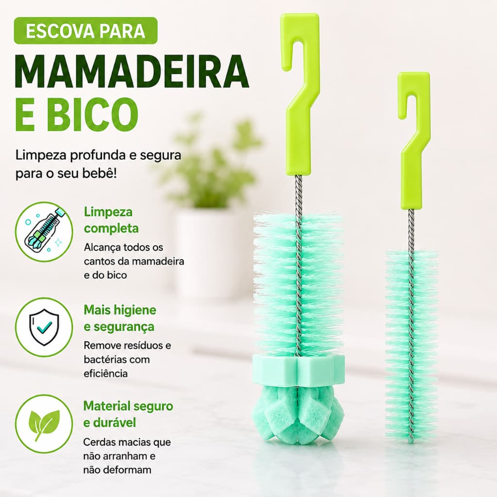 Kit 2 Escovas para Limpeza de Mamadeira e Bico – Escova Dupla para Higienização