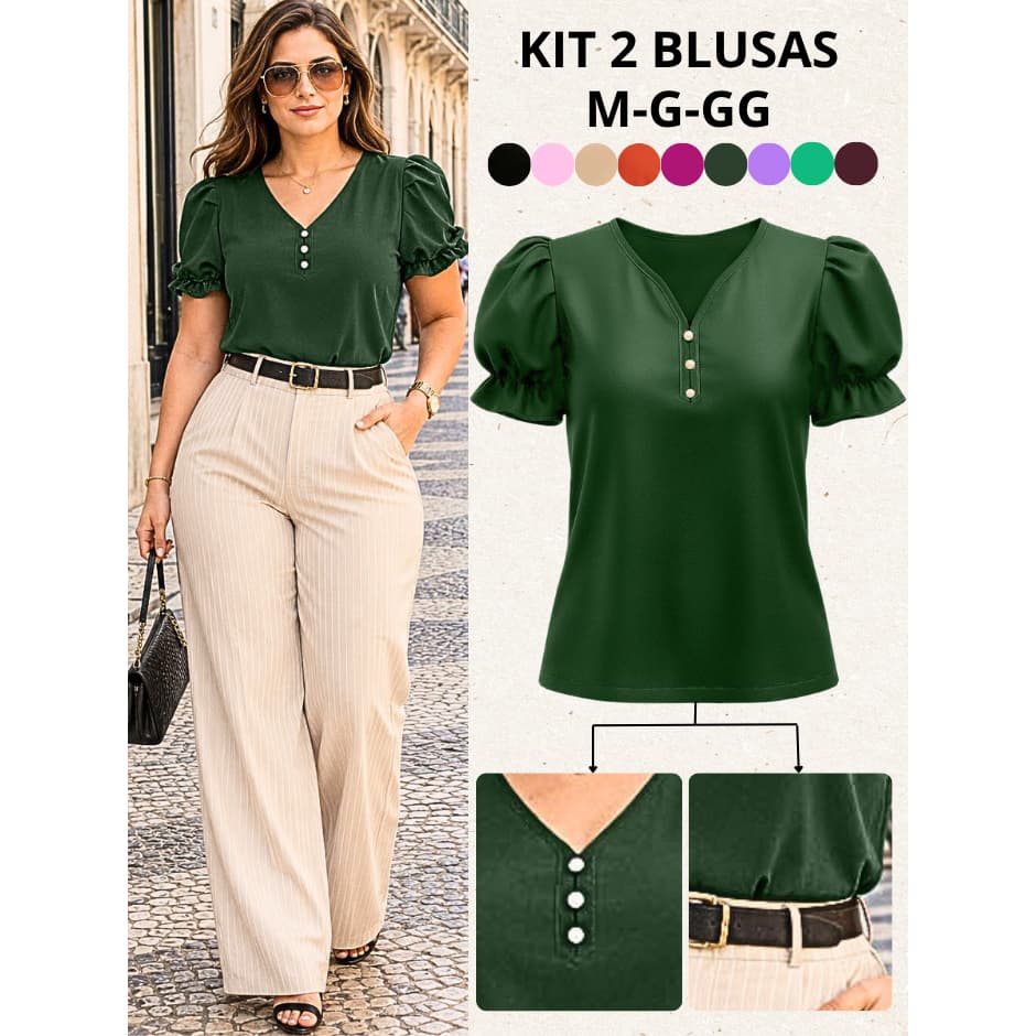 BLUSA FEMININO ESTILOSA KIT 2 BLUSAS FEMININAS CONFORTAVEL CASUAL MODA SOCIAL ELEGANTE BLUSINHA FEMININA BASICA VERÃO