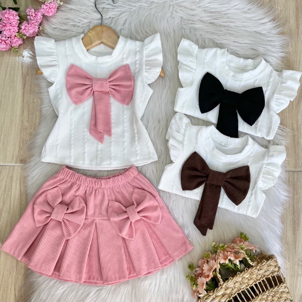 Conjunto Veludo Moda Infantil Para Meninas Blusa + Saia com Laços Look Delicado e Elegante Verão