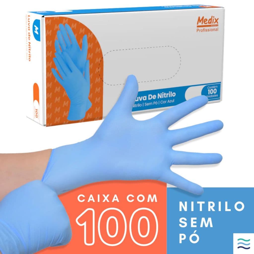 Luva Nitrílica Descartável Sem Pó c/ 100 Medix Profissional (P, M, G, GG) Azul