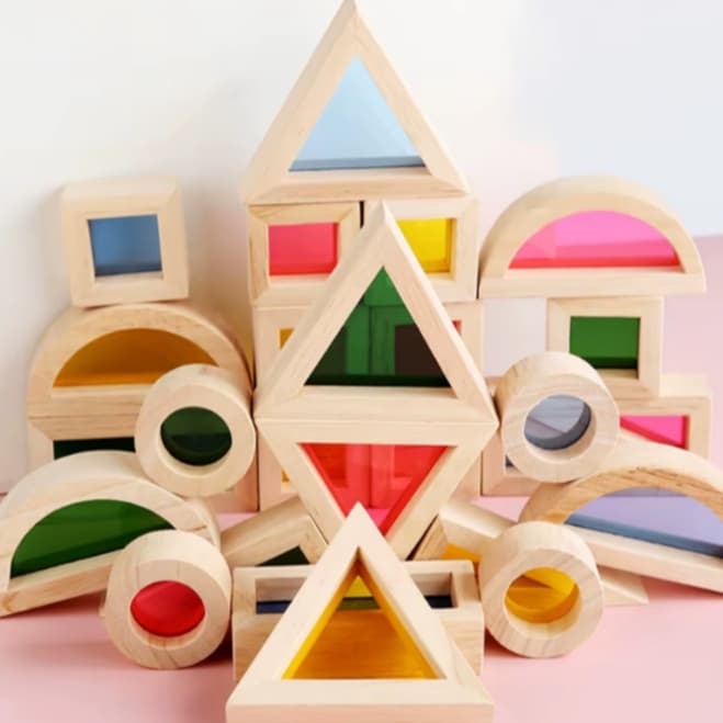 Blocos de Construção Arco-Íris Montessori Brinquedo Educativo Sensorial de Madeira Translúcido