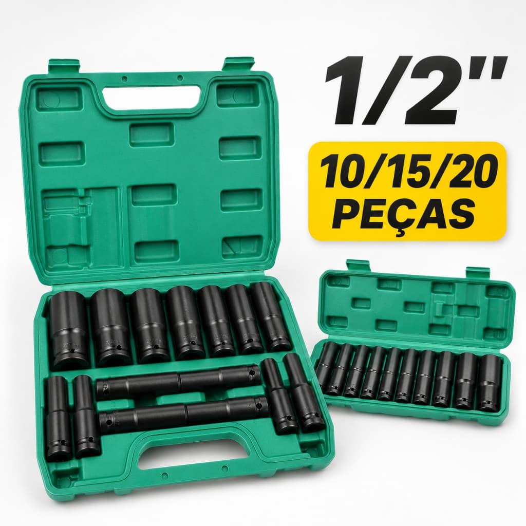 Kit 20/15/10 Peças Soquetes de Impacto Longo 1/2" 8-32mm - Jogo em Aço Cr-V Profissional