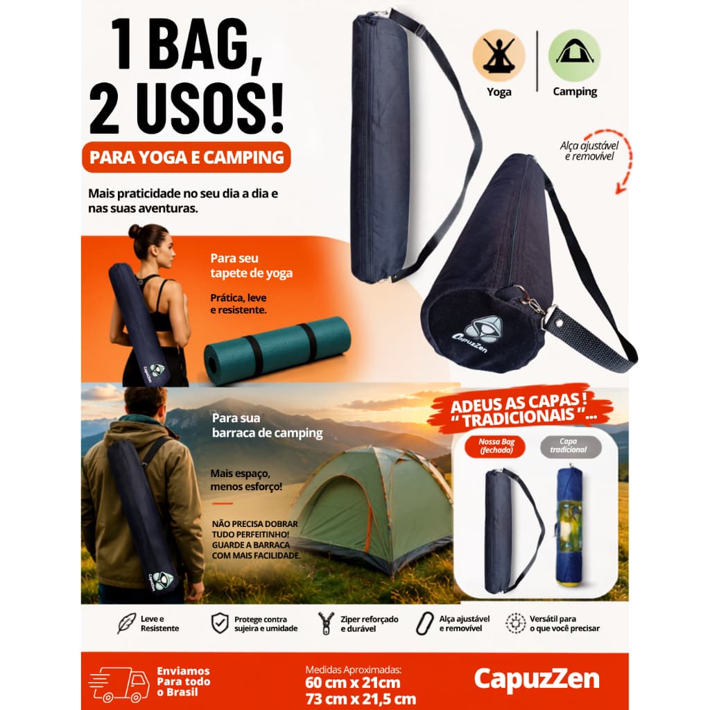 Bag 2 em 1 para Camping e Yoga CapuzZen | Bolsa para Barraca e Tapete de Yoga | Zíper Reforçado e Alça Removível