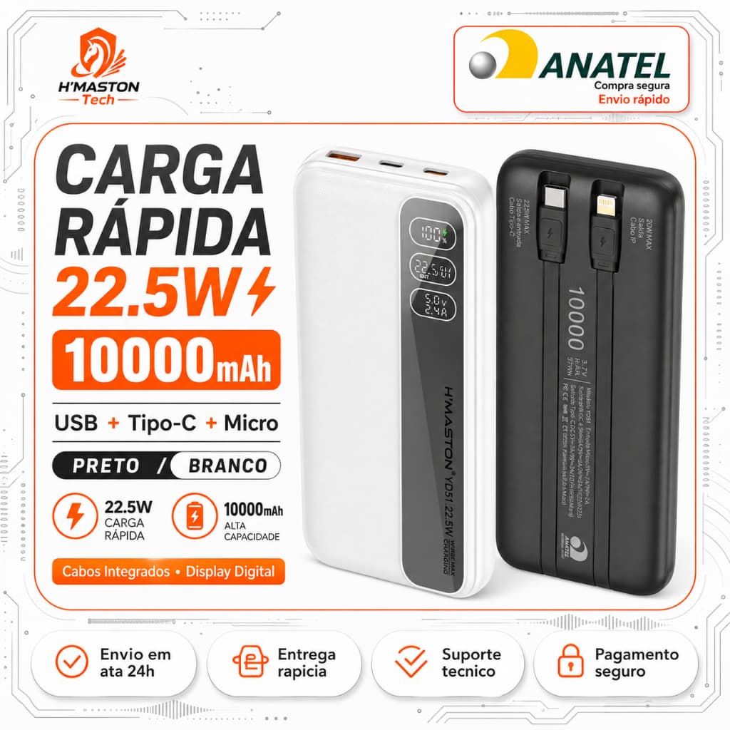 H'maston YD51 Power Bank 10000mAh Carregador Portátil Para Celular Carregador De Celular Portátil Power Bank Turbo