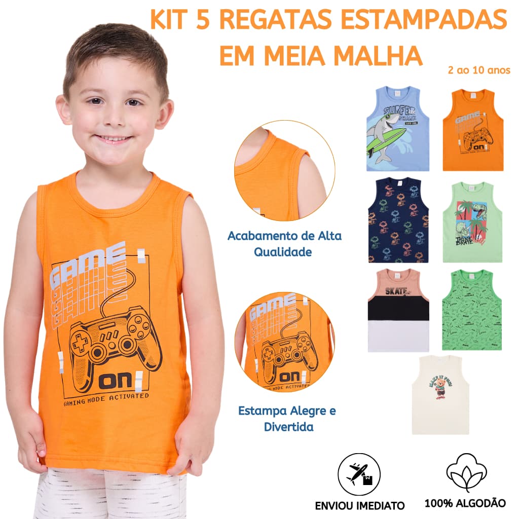 Kit 5 Regatas Infantil Menino Estampadas em Meia Malha 100% algodão