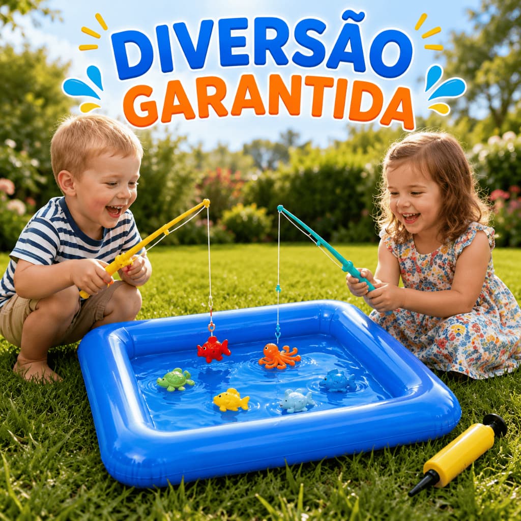 Jogo de Pescaria Infantil com Peixinhos e Mini Piscina Inflável Brinquedo Divertido
