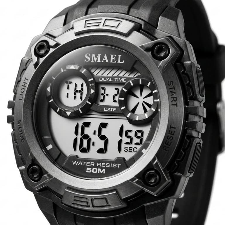 Relógio Masculino Smael Digital 1390 Preto (Resistente à água 5ATM, Esportivo, Despertador, Cronômetro, Calendário, Luz)
