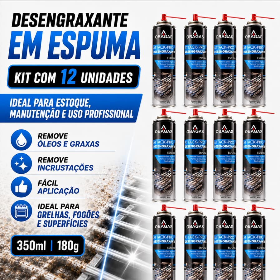 KIT 12 Desengraxante Spray Espuma Multiuso Facilita a Limpeza Gordura, Sujeiras Pesadas e Resíduos 350ml