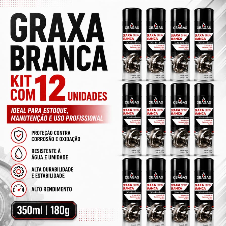 KIT 12 Graxa Branca Lítio Alta Resistência, Corrente, Engrenagens, Parafusos