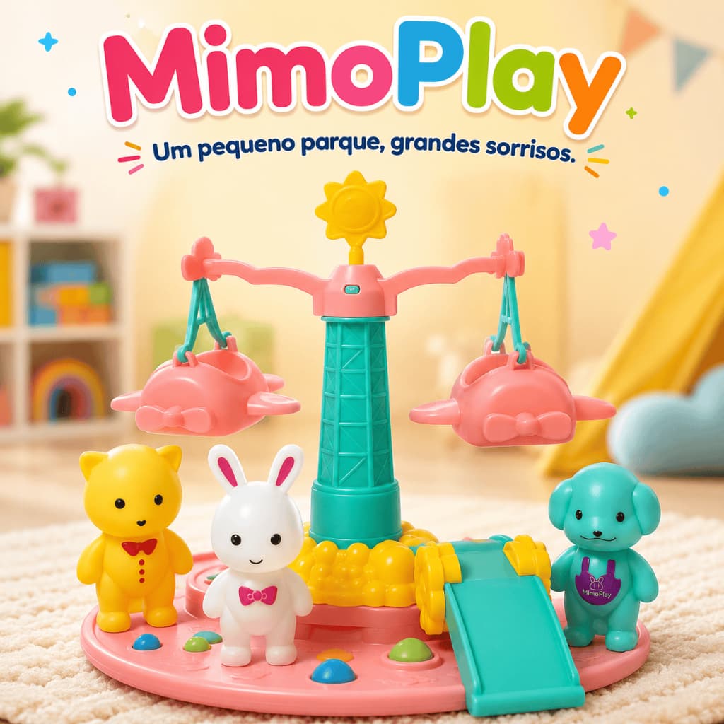 Parque Infantil MimoPlay Carrossel Giratório com Animais Escorregador Brinquedo Educativo Colorido