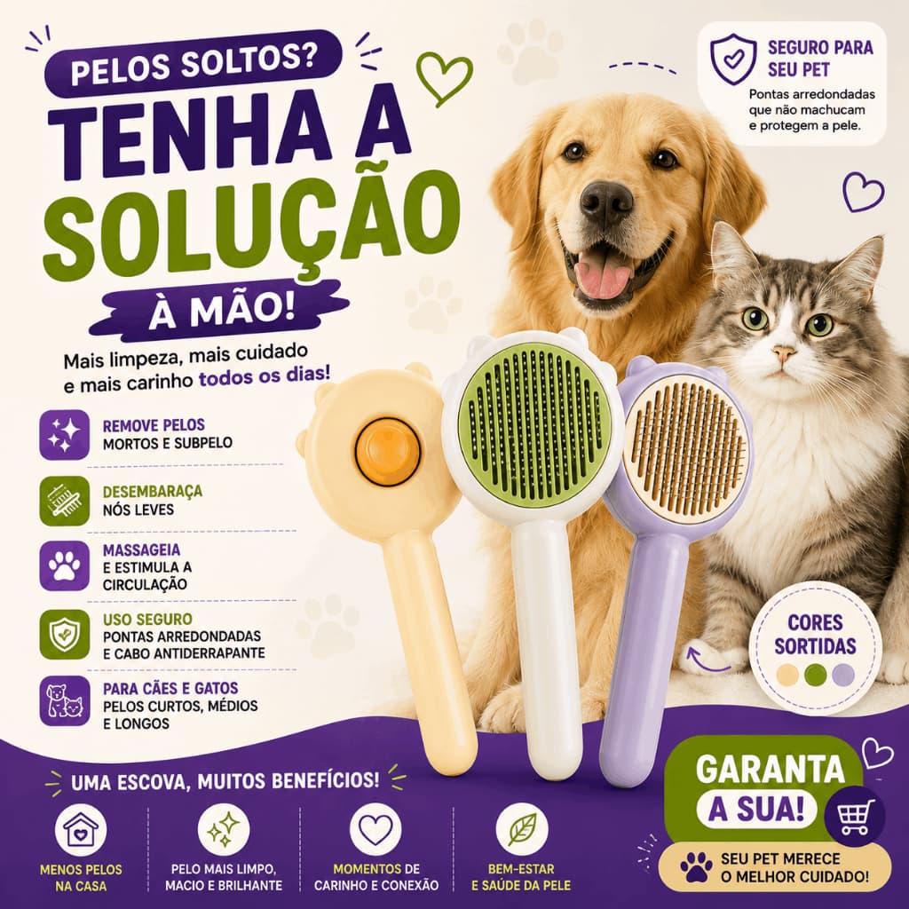 Rasqueadeira para Cachorro e Gato Tira Pelos Mortos Escova Pet Remove Subpelo e Desembaraça