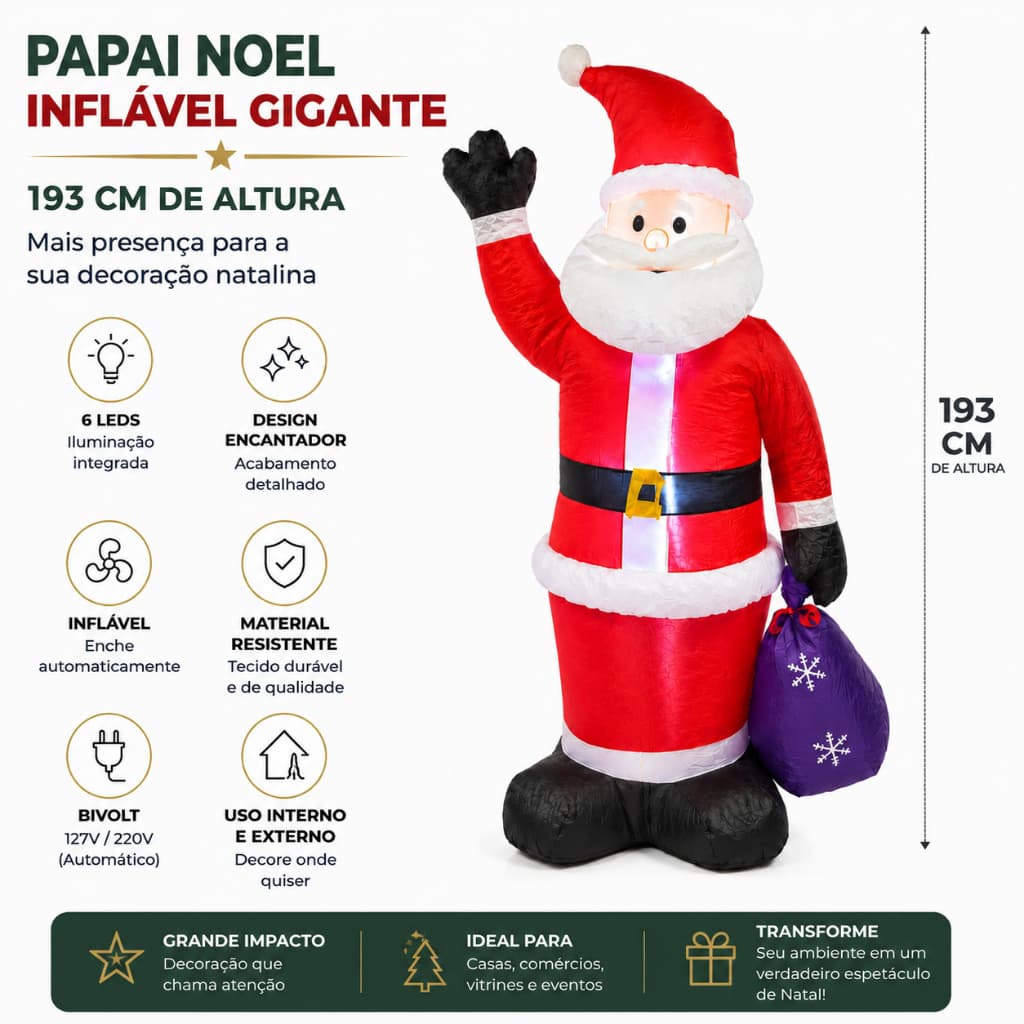 Papai Noel Inflável Natalino Gigante 193cm com 6 LEDs Bivolt Decoração de Natal Casa Jardim Fachada Loja Comercio